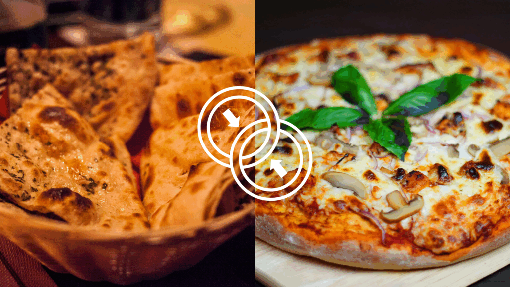 ssorted Indian fusion naan pizzas at Shah Ghouse Austin featuring tikka, keema, and paneer toppings.